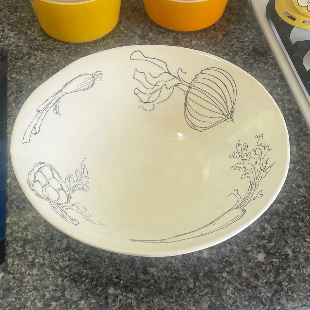 Source Unknown White Ceramic Serving Bowl with Vegetable Sketches